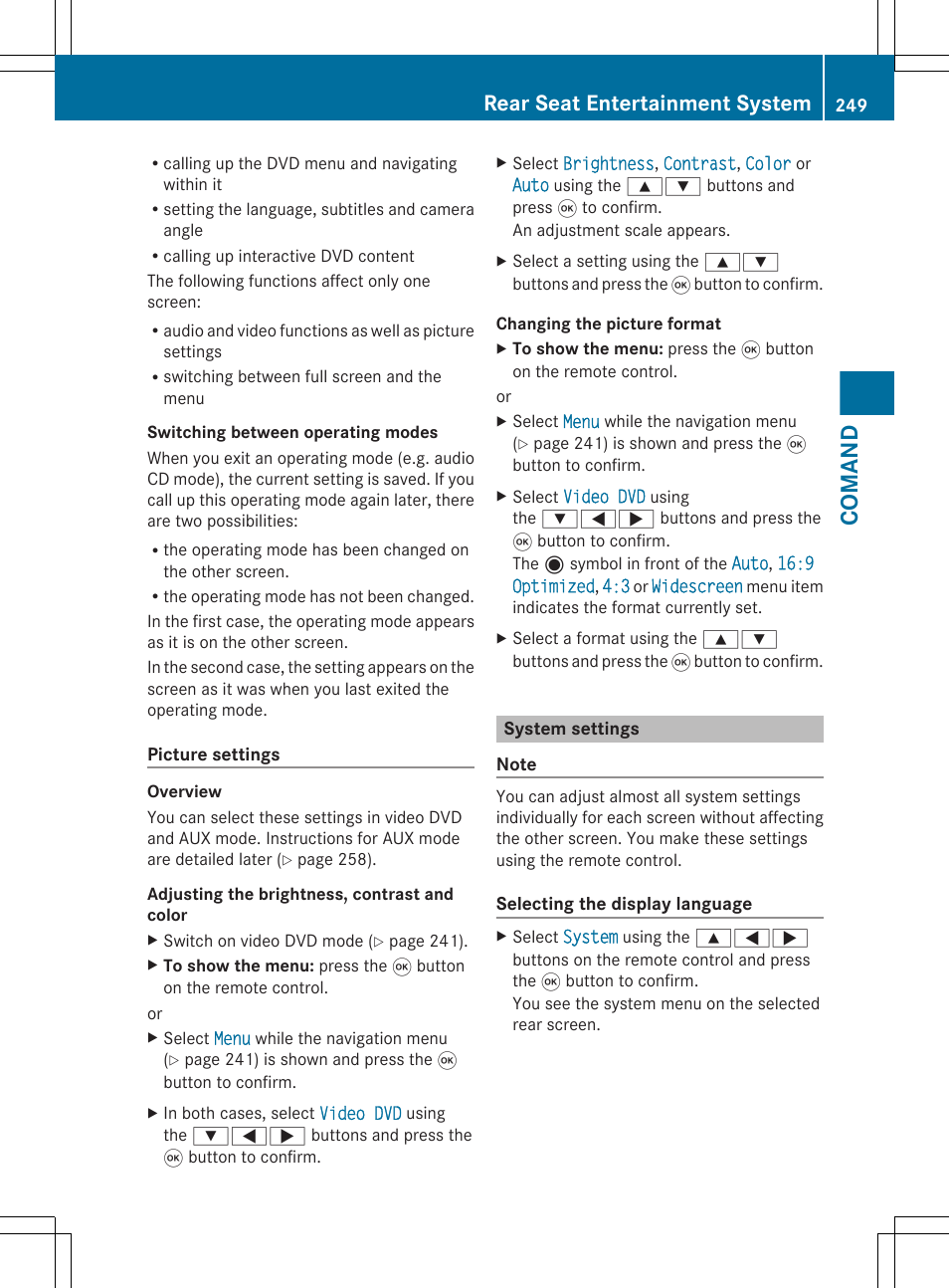 System settings, Comand, Rear seat entertainment system | Mercedes-Benz S-Class 2012 User Manual | Page 251 / 536