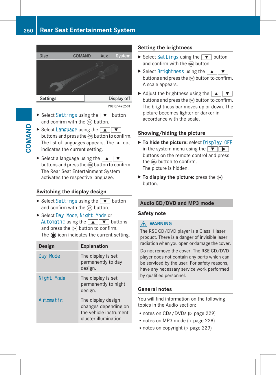 Audio cd/dvd and mp3 mode, Comand, Rear seat entertainment system | Mercedes-Benz S-Class 2012 User Manual | Page 252 / 536