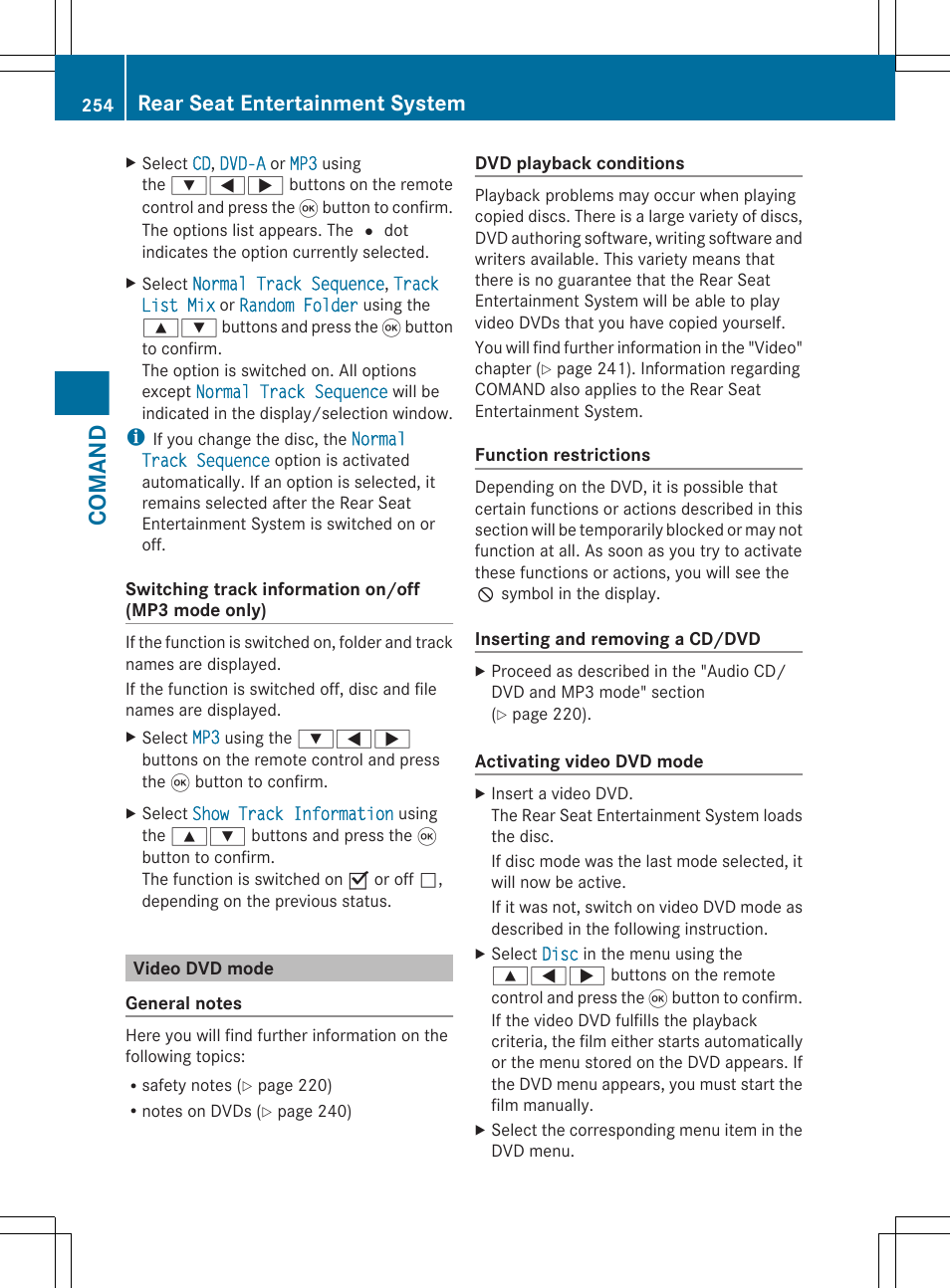 Video dvd mode, Comand, Rear seat entertainment system | Mercedes-Benz S-Class 2012 User Manual | Page 256 / 536