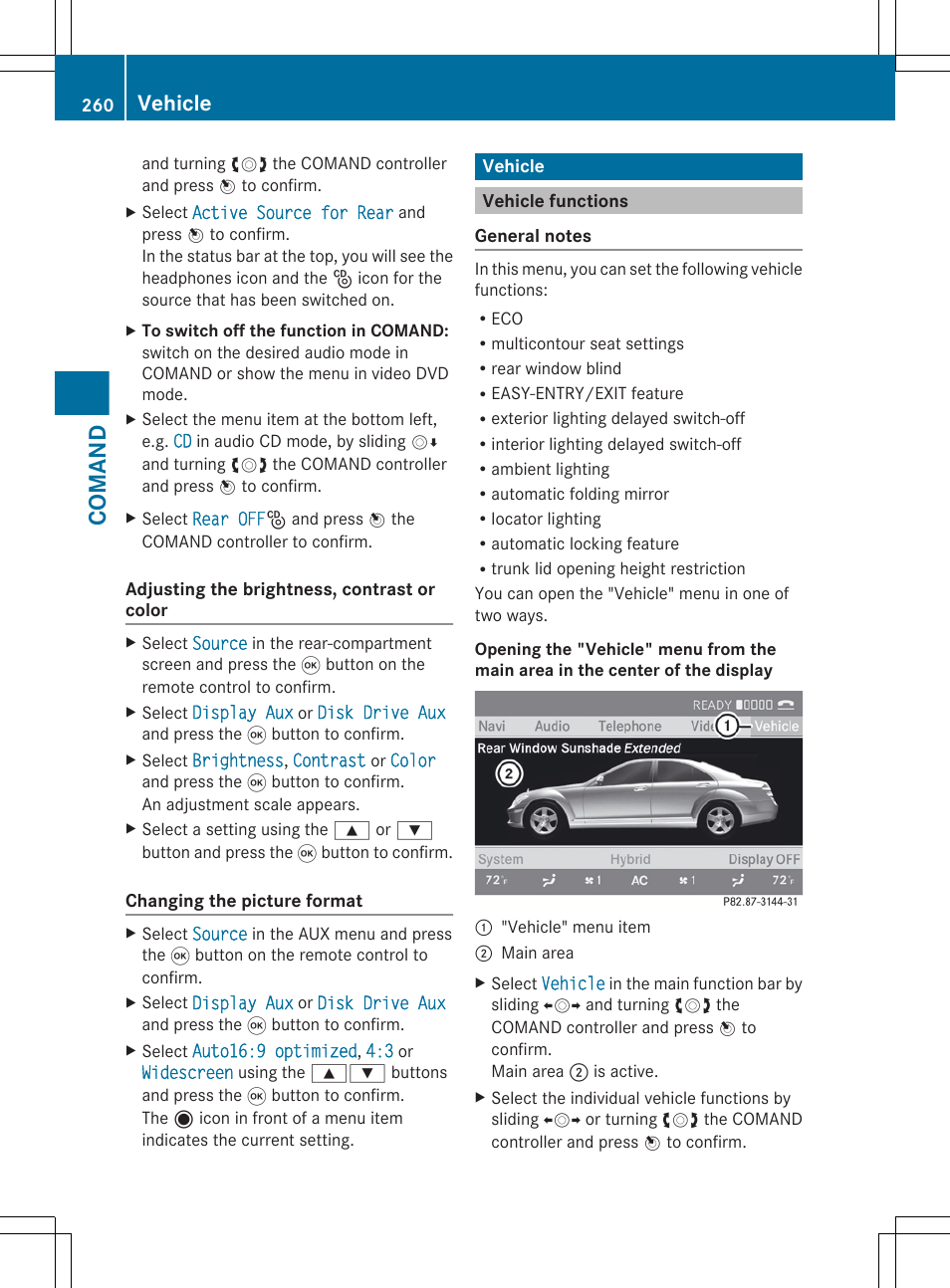 Vehicle, Vehicle functions, Comand | Mercedes-Benz S-Class 2012 User Manual | Page 262 / 536