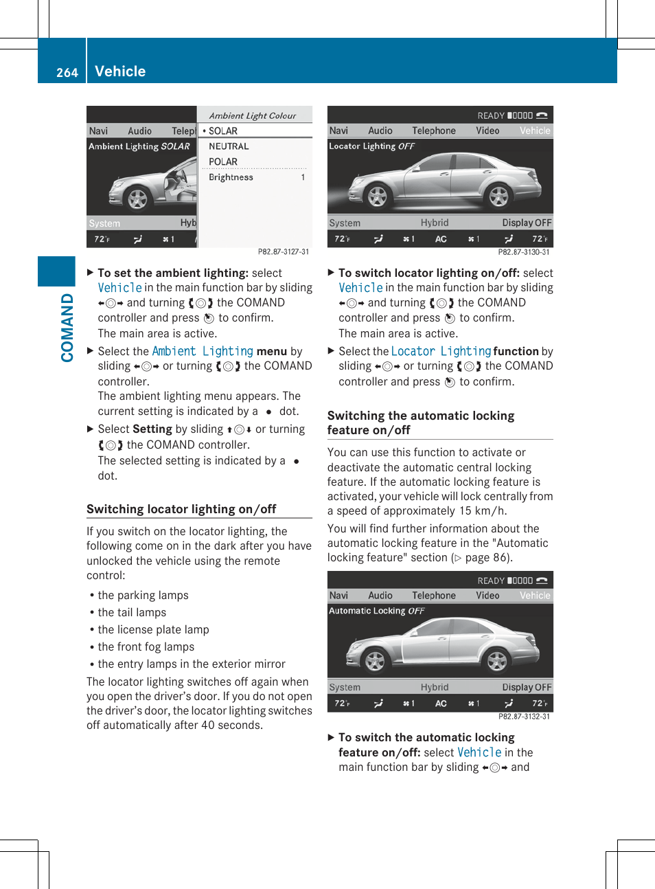 Function via comand, Comand, Vehicle | Mercedes-Benz S-Class 2012 User Manual | Page 266 / 536