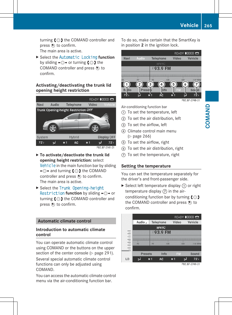Automatic climate control, Comand, Vehicle | Mercedes-Benz S-Class 2012 User Manual | Page 267 / 536