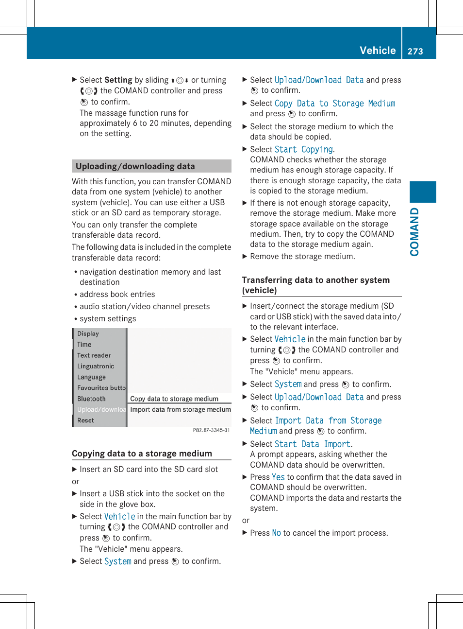 Uploading/downloading data, Comand, Vehicle | Mercedes-Benz S-Class 2012 User Manual | Page 275 / 536