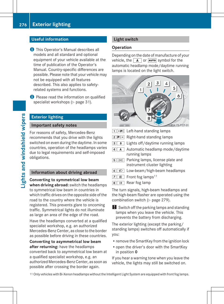 Lights and windshield wipers, Useful information, Exterior lighting | Important safety notes, Information about driving abroad, Light switch | Mercedes-Benz S-Class 2012 User Manual | Page 278 / 536