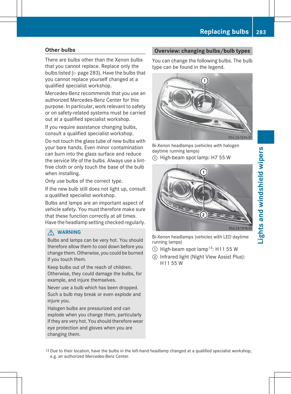 Overview: changing bulbs/bulb types, Lights and windshield wipers, Replacing bulbs | Mercedes-Benz S-Class 2012 User Manual | Page 285 / 536
