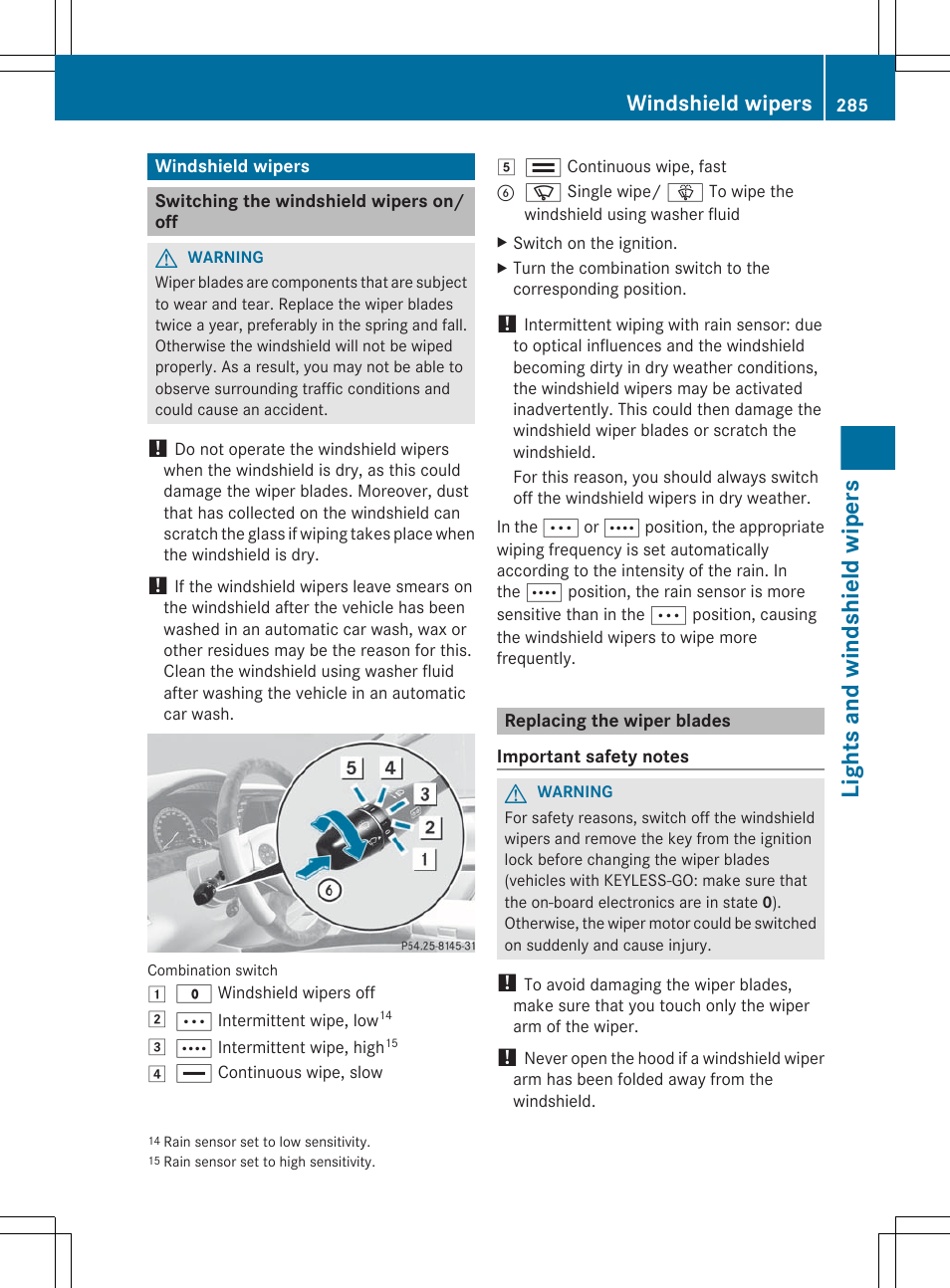 Windshield wipers, Switching the windshield wipers on/off, Replacing the wiper blades | Lights and windshield wipers | Mercedes-Benz S-Class 2012 User Manual | Page 287 / 536
