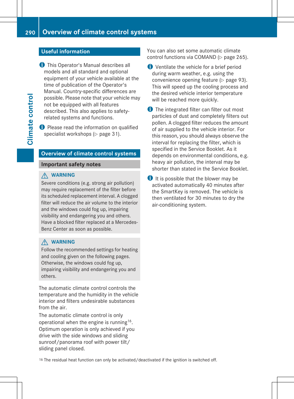 Climate control, Useful information, Overview of climate control systems | Important safety notes | Mercedes-Benz S-Class 2012 User Manual | Page 292 / 536