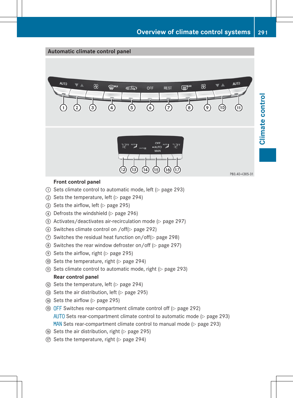 Automatic climate control panel, Section of the center console, Climate control | Overview of climate control systems | Mercedes-Benz S-Class 2012 User Manual | Page 293 / 536
