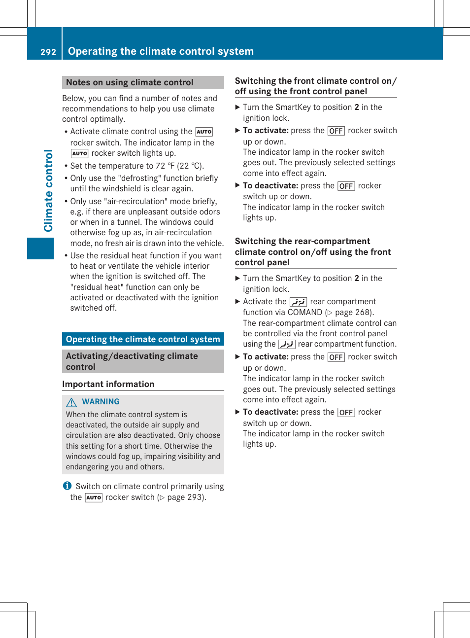 Notes on using climate control, Operating the climate control system, Activating/deactivating climate control | Climate control | Mercedes-Benz S-Class 2012 User Manual | Page 294 / 536