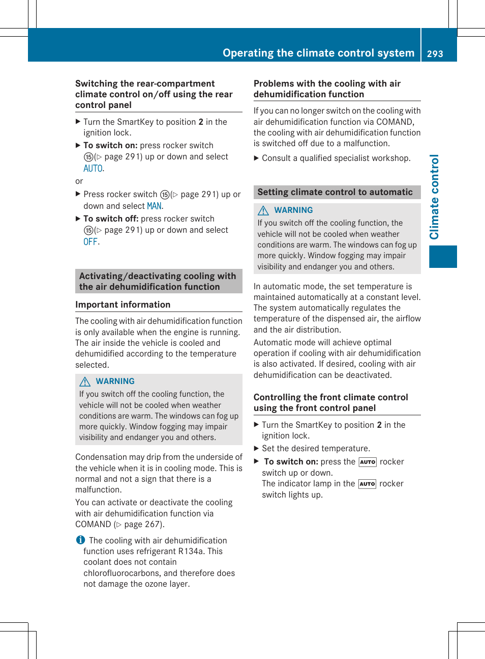 Setting climate control to automatic, Rocker switch, Climate control | Operating the climate control system | Mercedes-Benz S-Class 2012 User Manual | Page 295 / 536