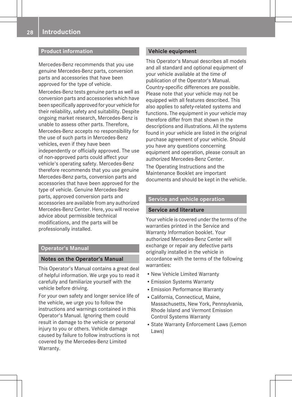 Introduction, Product information, Operator's manual | Notes on the operator's manual, Vehicle equipment, Service and vehicle operation, Service and literature | Mercedes-Benz S-Class 2012 User Manual | Page 30 / 536