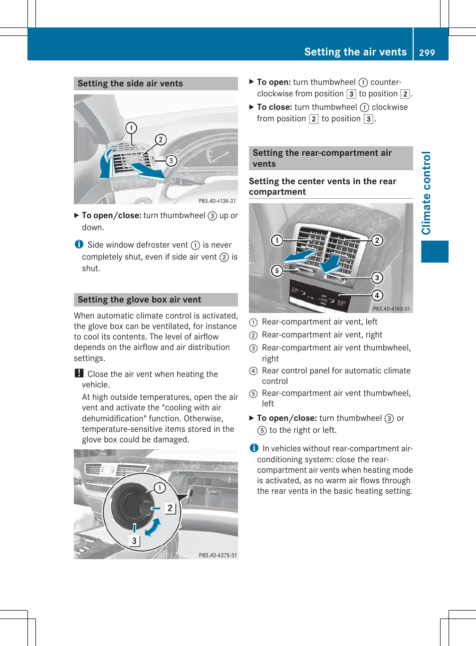 Setting the side air vents, Setting the glove box air vent, Setting the rear-compartment air vents | Climate control, Setting the air vents | Mercedes-Benz S-Class 2012 User Manual | Page 301 / 536
