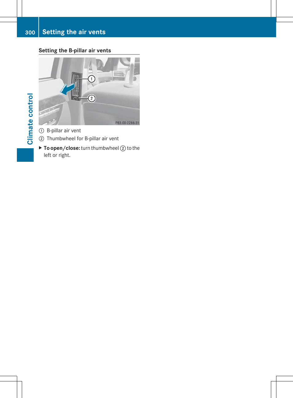 Climate control, Setting the air vents | Mercedes-Benz S-Class 2012 User Manual | Page 302 / 536