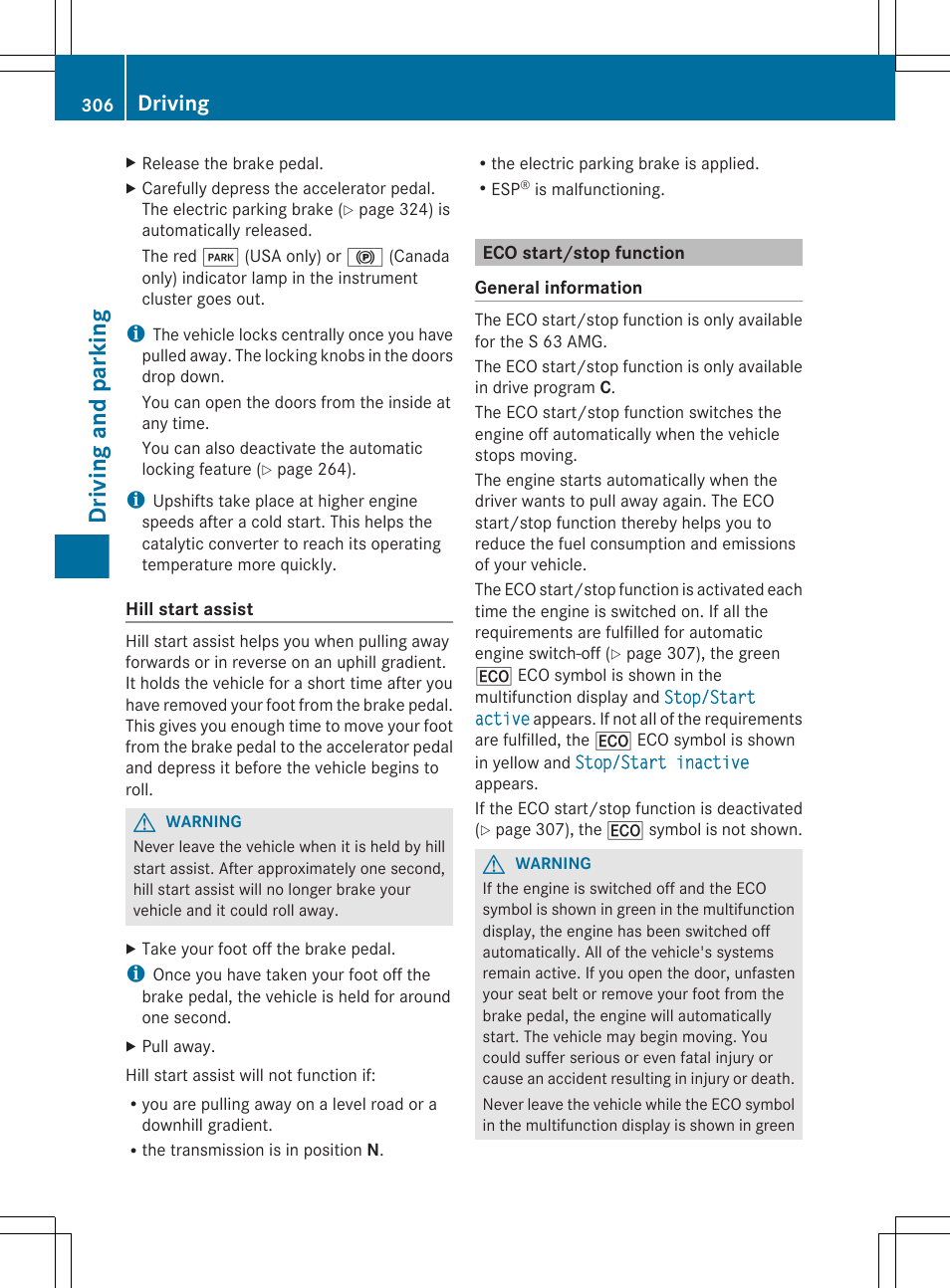 Eco start/stop function, Driving and parking, Driving | Mercedes-Benz S-Class 2012 User Manual | Page 308 / 536