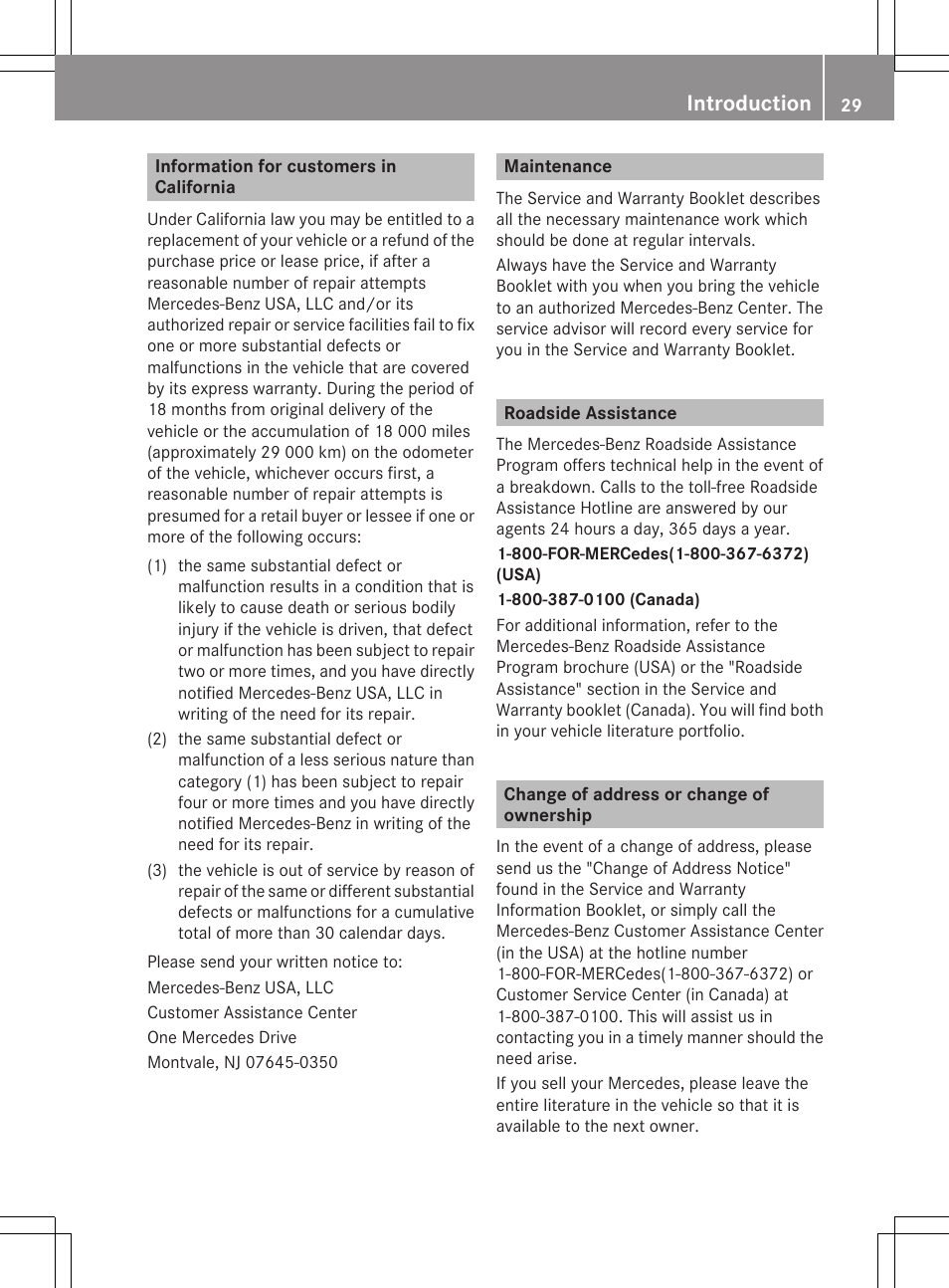 Information for customers in california, Maintenance, Roadside assistance | Change of address or change of ownership, Introduction | Mercedes-Benz S-Class 2012 User Manual | Page 31 / 536