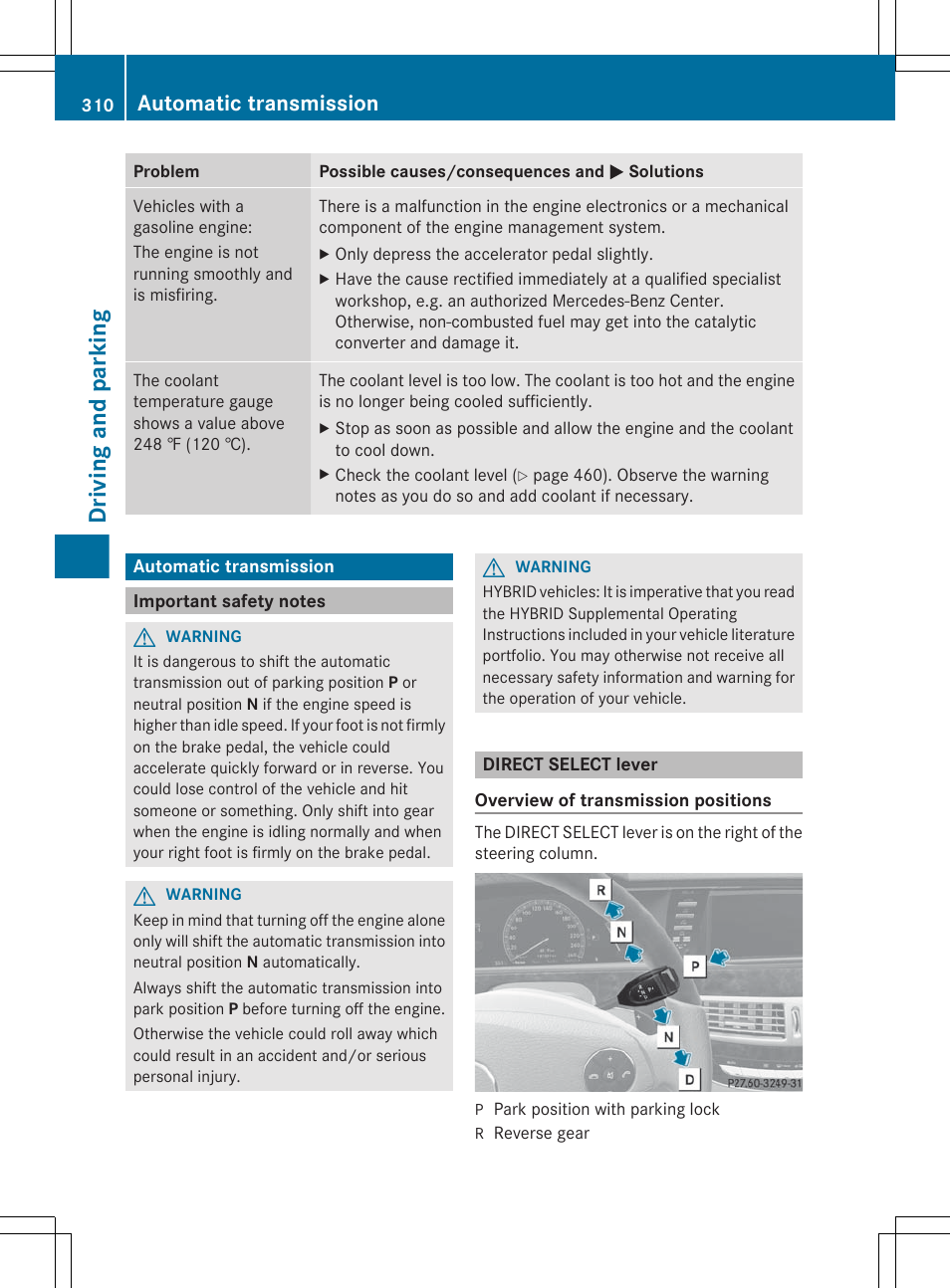 Automatic transmission, Important safety notes, Direct select lever | Driving and parking | Mercedes-Benz S-Class 2012 User Manual | Page 312 / 536