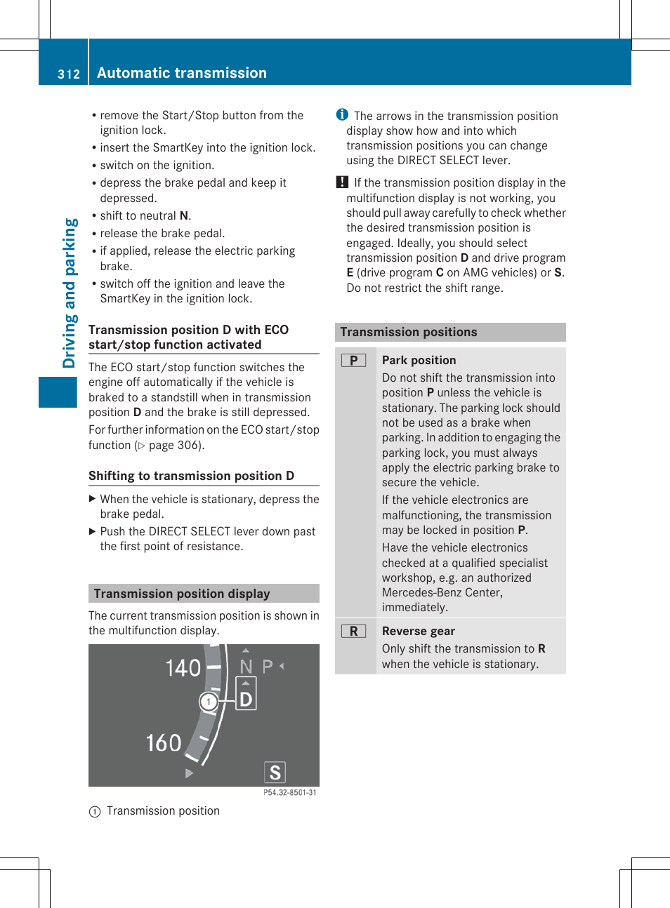 Transmission position display, Transmission positions, Driving and parking | Automatic transmission | Mercedes-Benz S-Class 2012 User Manual | Page 314 / 536