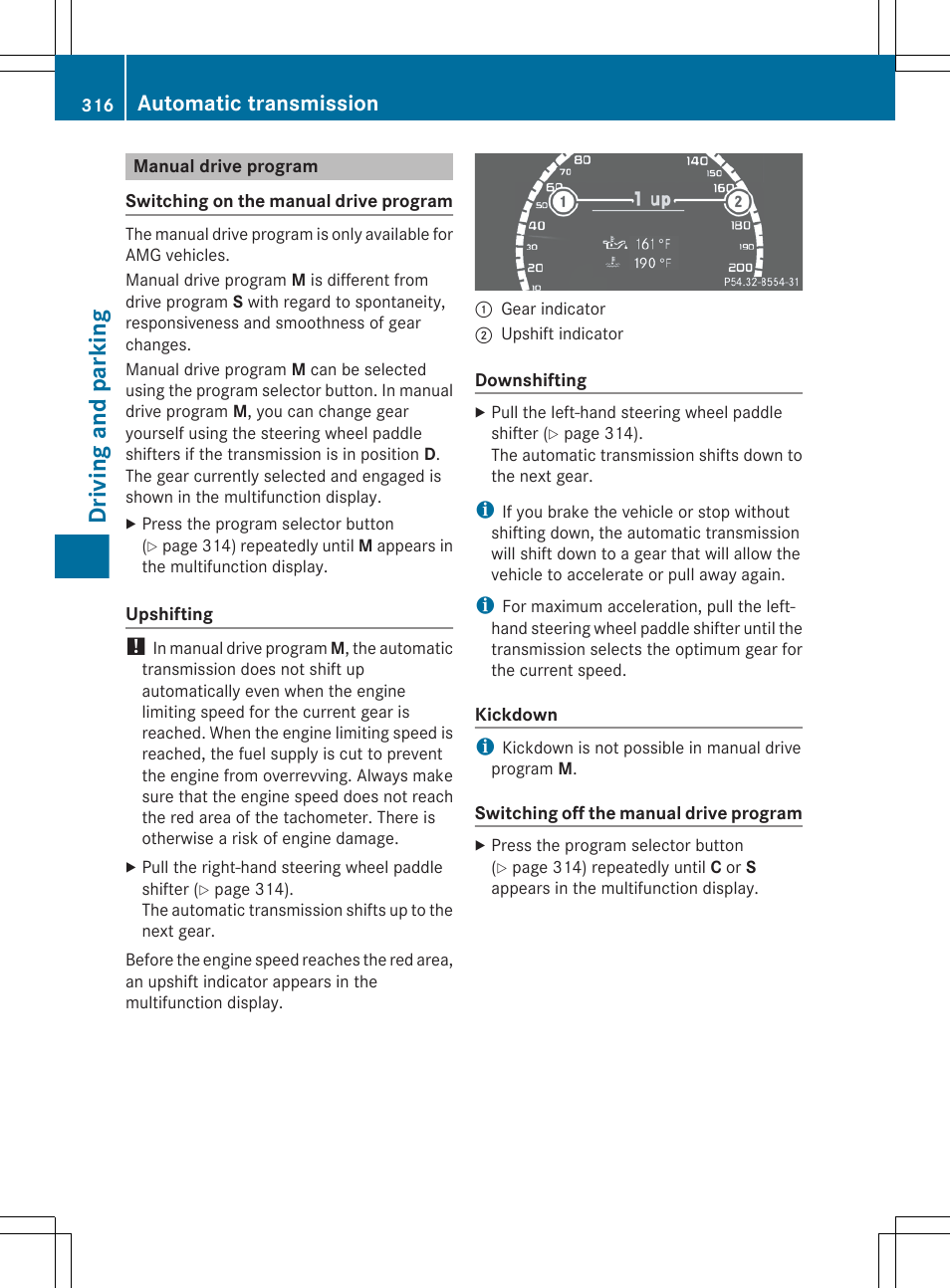 Manual drive program, Driving and parking, Automatic transmission | Mercedes-Benz S-Class 2012 User Manual | Page 318 / 536