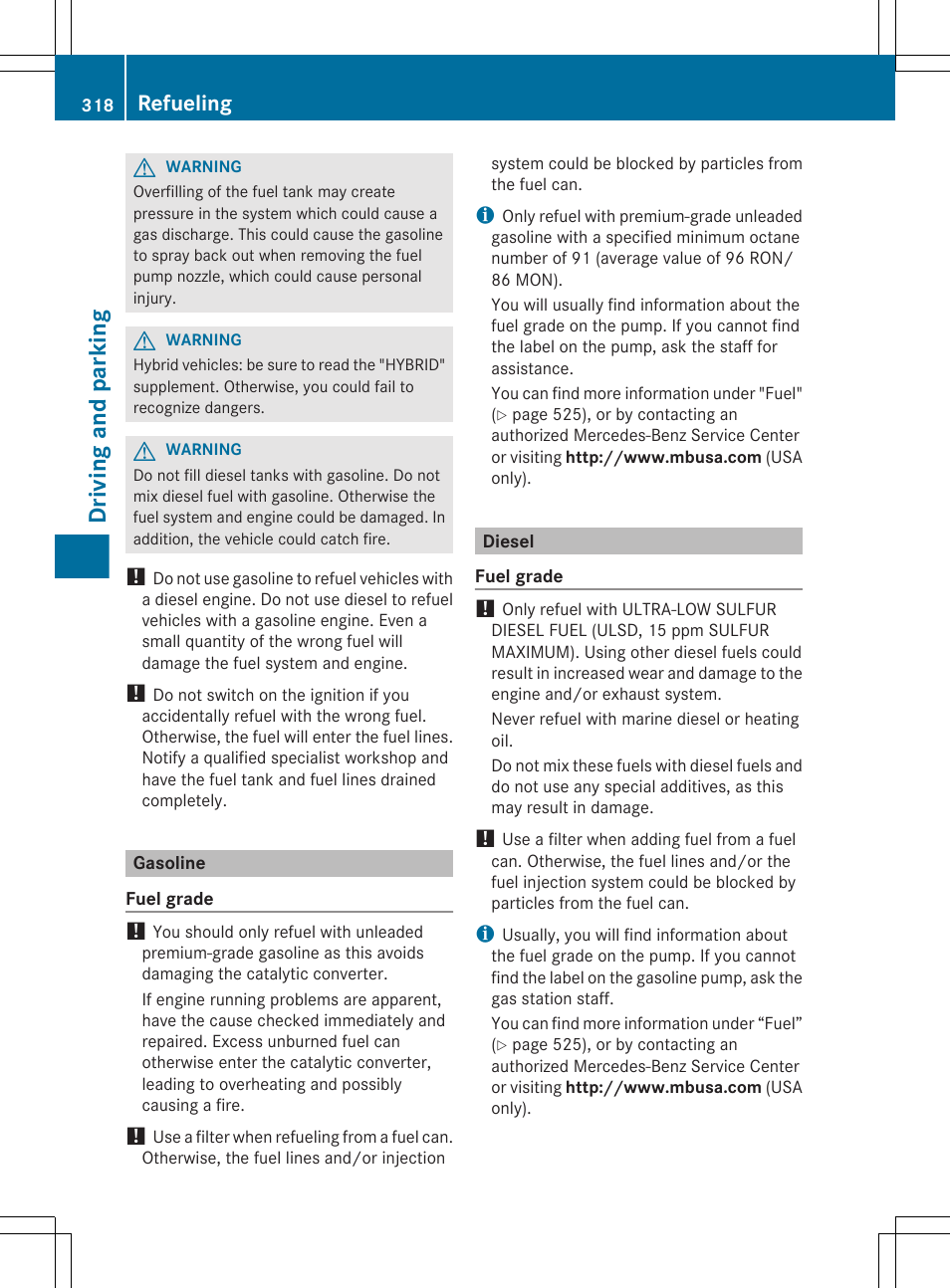 Gasoline, Diesel, Driving and parking | Refueling | Mercedes-Benz S-Class 2012 User Manual | Page 320 / 536