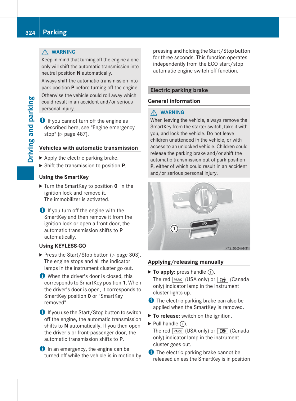 Electric parking brake, The electric parking brake, Driving and parking | Parking | Mercedes-Benz S-Class 2012 User Manual | Page 326 / 536