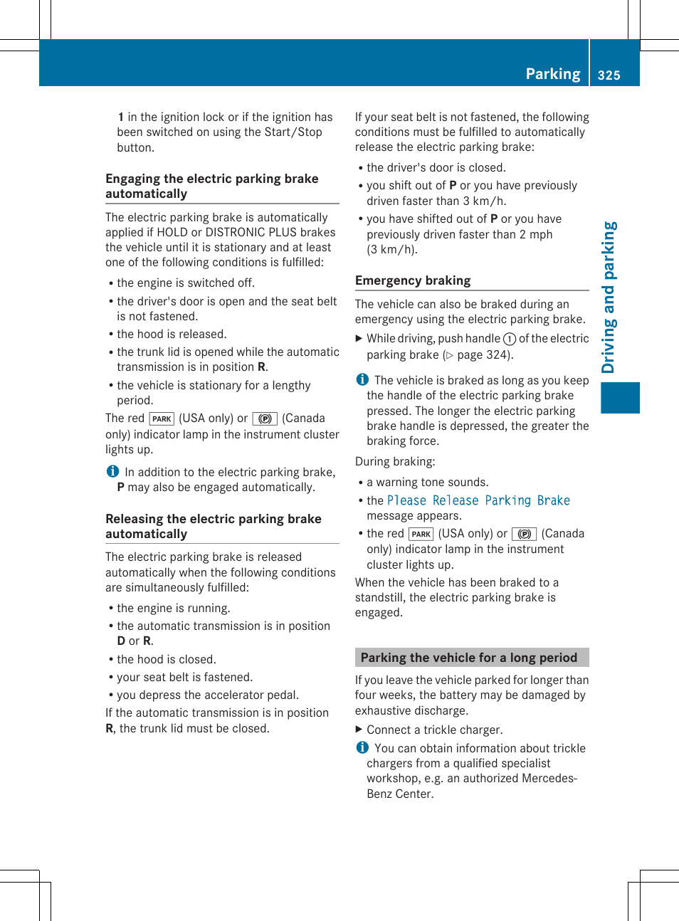 Parking the vehicle for a long period, Driving and parking, Parking | Mercedes-Benz S-Class 2012 User Manual | Page 327 / 536