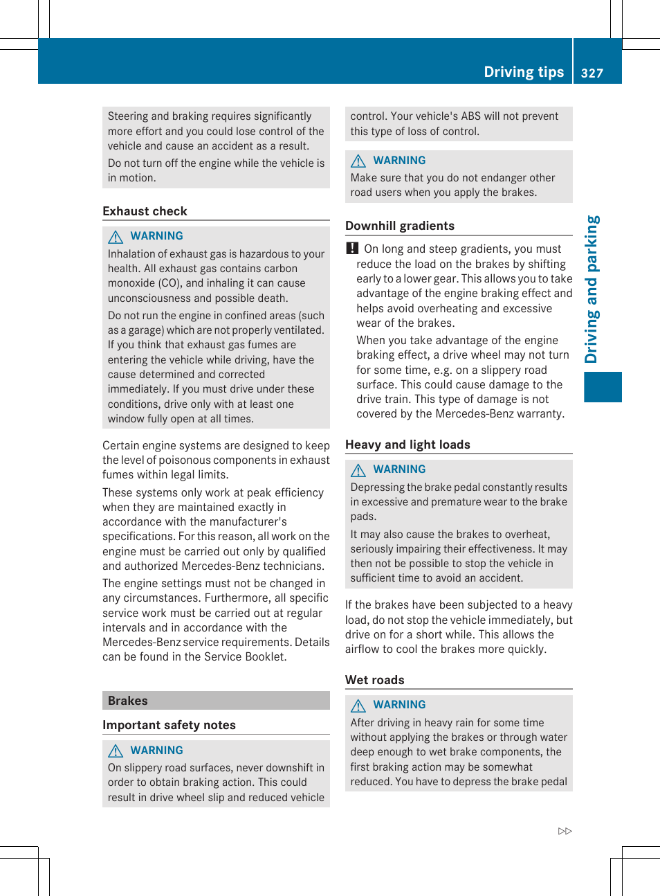 Brakes, Driving tips, Driving and parking | Mercedes-Benz S-Class 2012 User Manual | Page 329 / 536