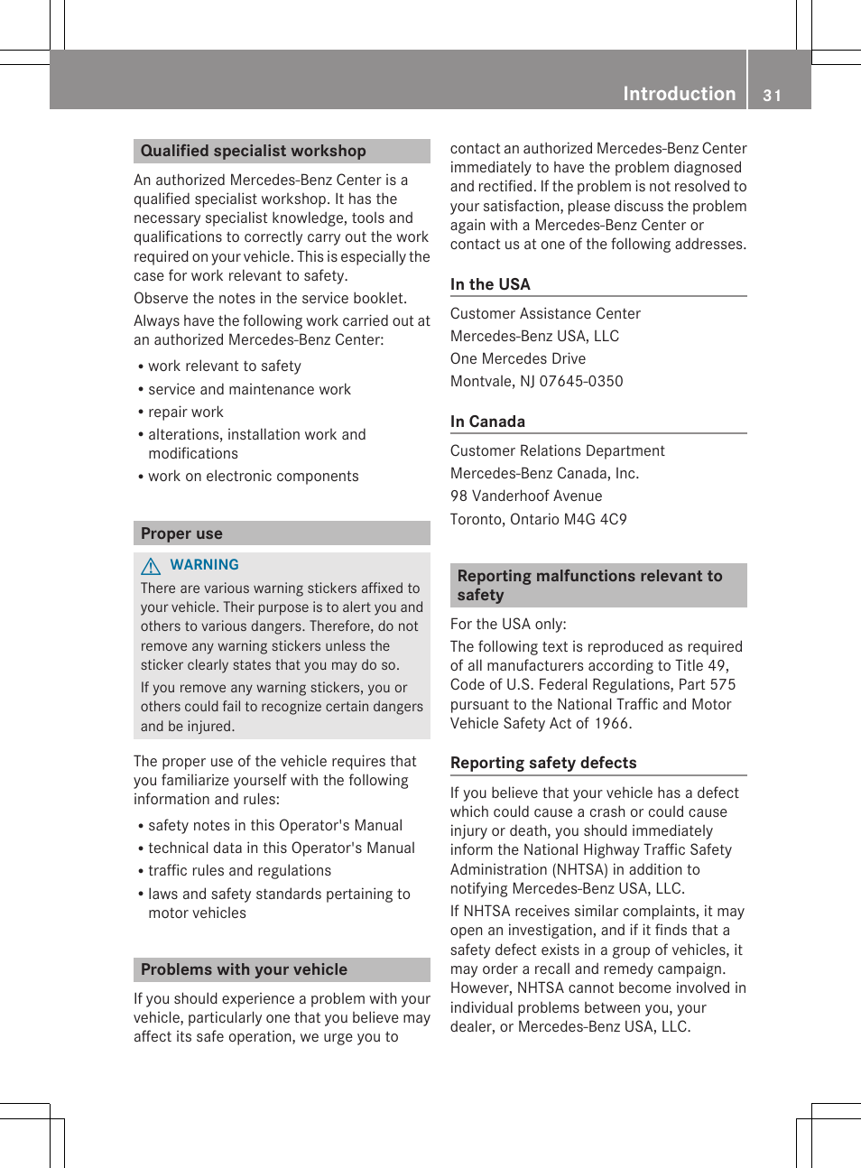 Qualified specialist workshop, Proper use, Problems with your vehicle | Reporting malfunctions relevant to safety, Introduction | Mercedes-Benz S-Class 2012 User Manual | Page 33 / 536