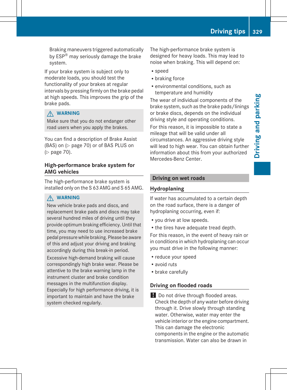 Driving on wet roads, Driving and parking, Driving tips | Mercedes-Benz S-Class 2012 User Manual | Page 331 / 536