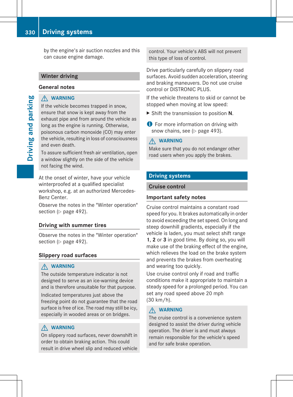 Winter driving, Driving systems, Cruise control | Driving and parking | Mercedes-Benz S-Class 2012 User Manual | Page 332 / 536