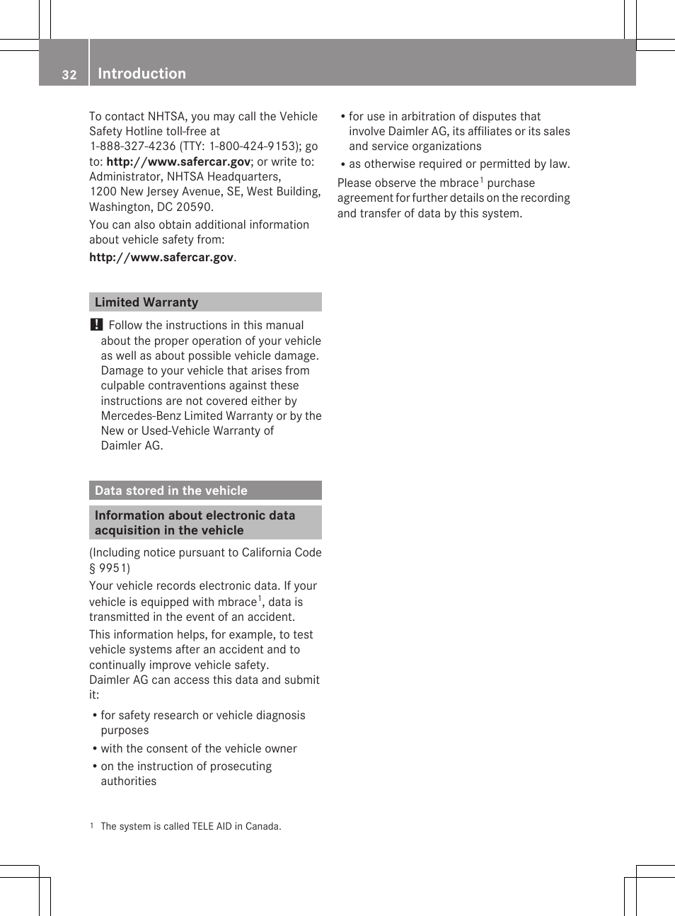 Limited warranty, Data stored in the vehicle, Introduction | Mercedes-Benz S-Class 2012 User Manual | Page 34 / 536