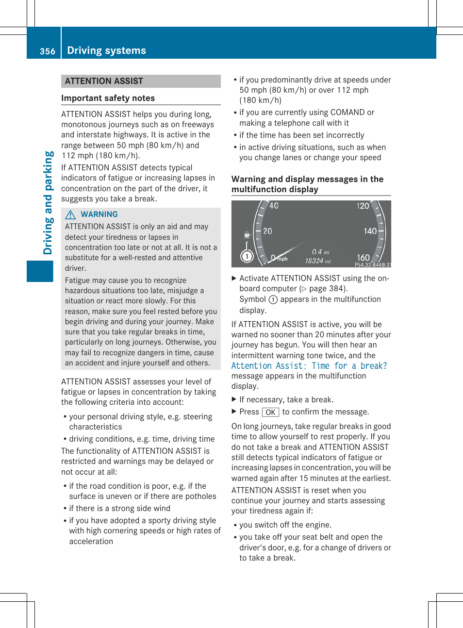 Attention assist, Driving and parking, Driving systems | Mercedes-Benz S-Class 2012 User Manual | Page 358 / 536