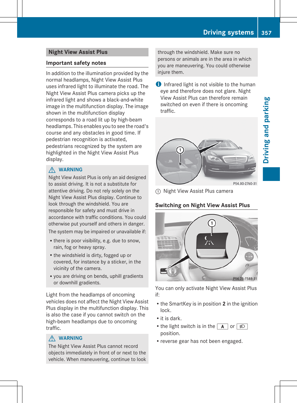 Night view assist plus, Driving and parking, Driving systems | Mercedes-Benz S-Class 2012 User Manual | Page 359 / 536