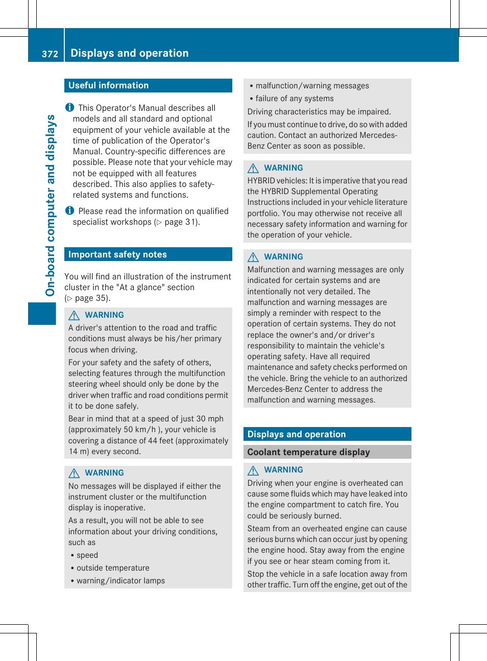 On-board computer and displays, Useful information, Important safety notes | Displays and operation, Coolant temperature display | Mercedes-Benz S-Class 2012 User Manual | Page 374 / 536