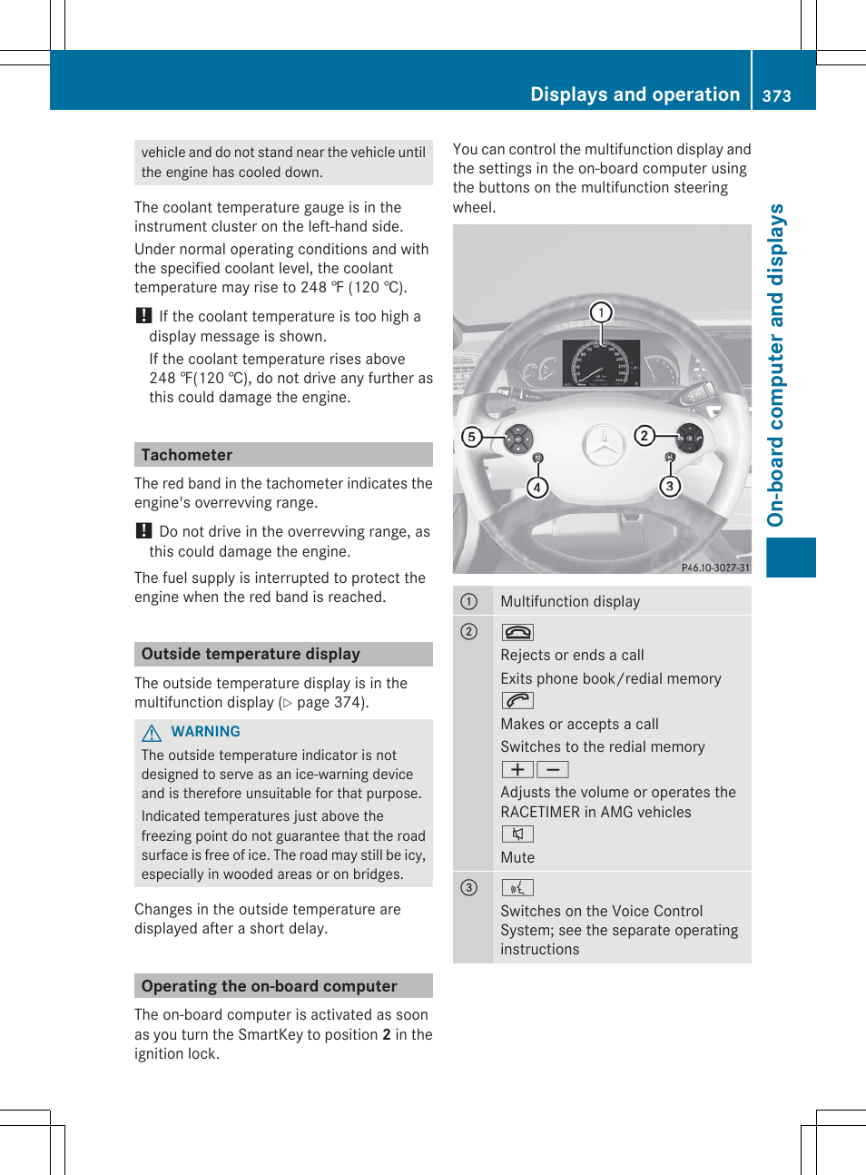 Tachometer, Outside temperature display, Operating the on-board computer | On-board computer and displays, Displays and operation | Mercedes-Benz S-Class 2012 User Manual | Page 375 / 536