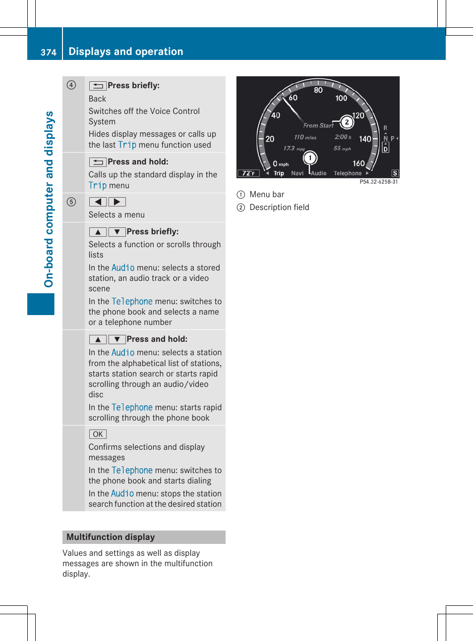 Multifunction display, On-board computer and displays, Displays and operation | Mercedes-Benz S-Class 2012 User Manual | Page 376 / 536