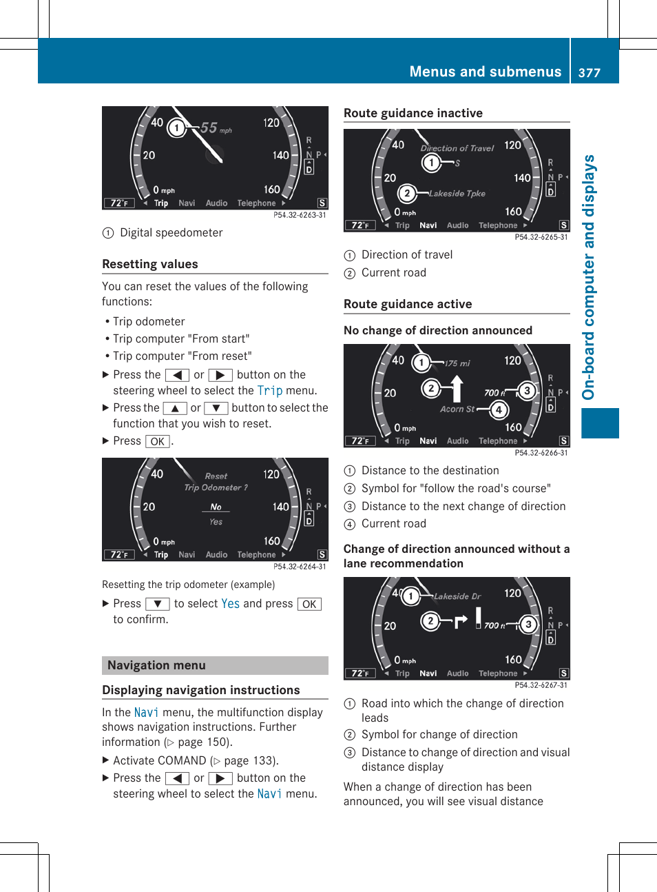 Navigation menu, Section, Menu (navigation instructions) | On-board computer and displays, Menus and submenus | Mercedes-Benz S-Class 2012 User Manual | Page 379 / 536