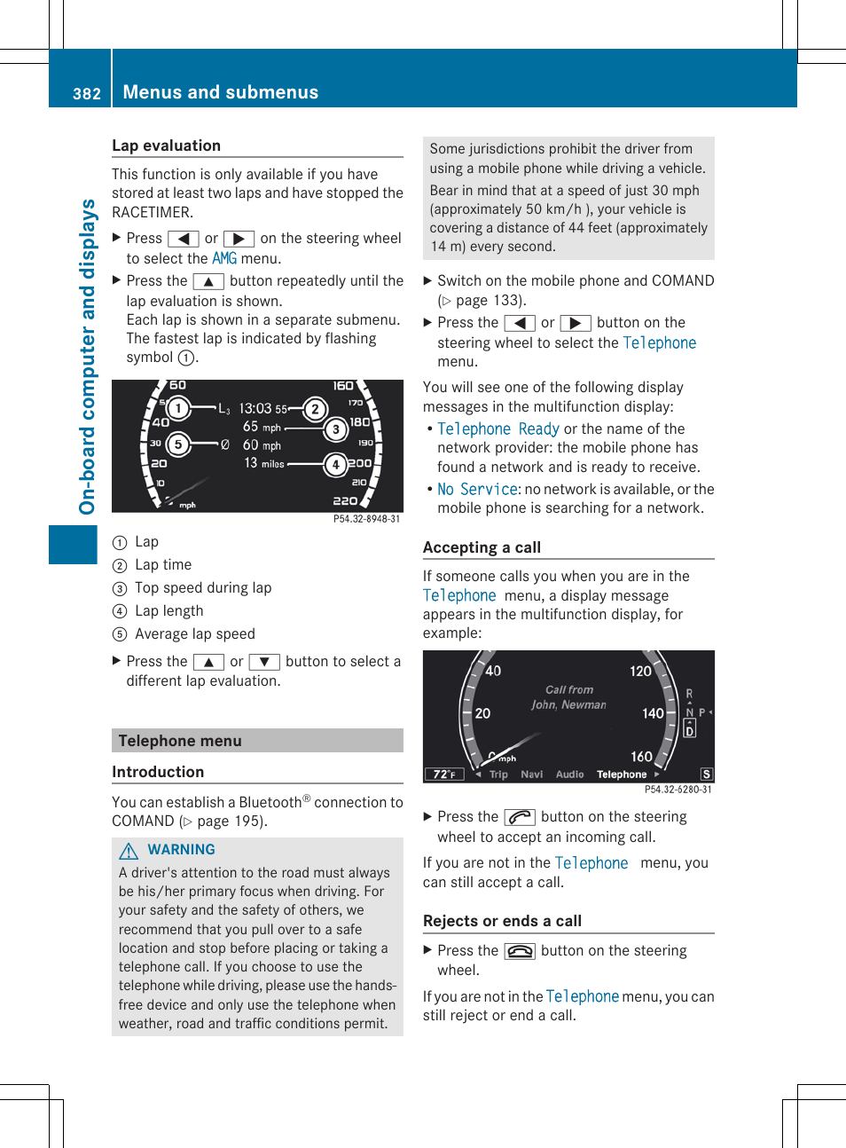 Telephone menu, Menu, On-board computer and displays | Menus and submenus | Mercedes-Benz S-Class 2012 User Manual | Page 384 / 536