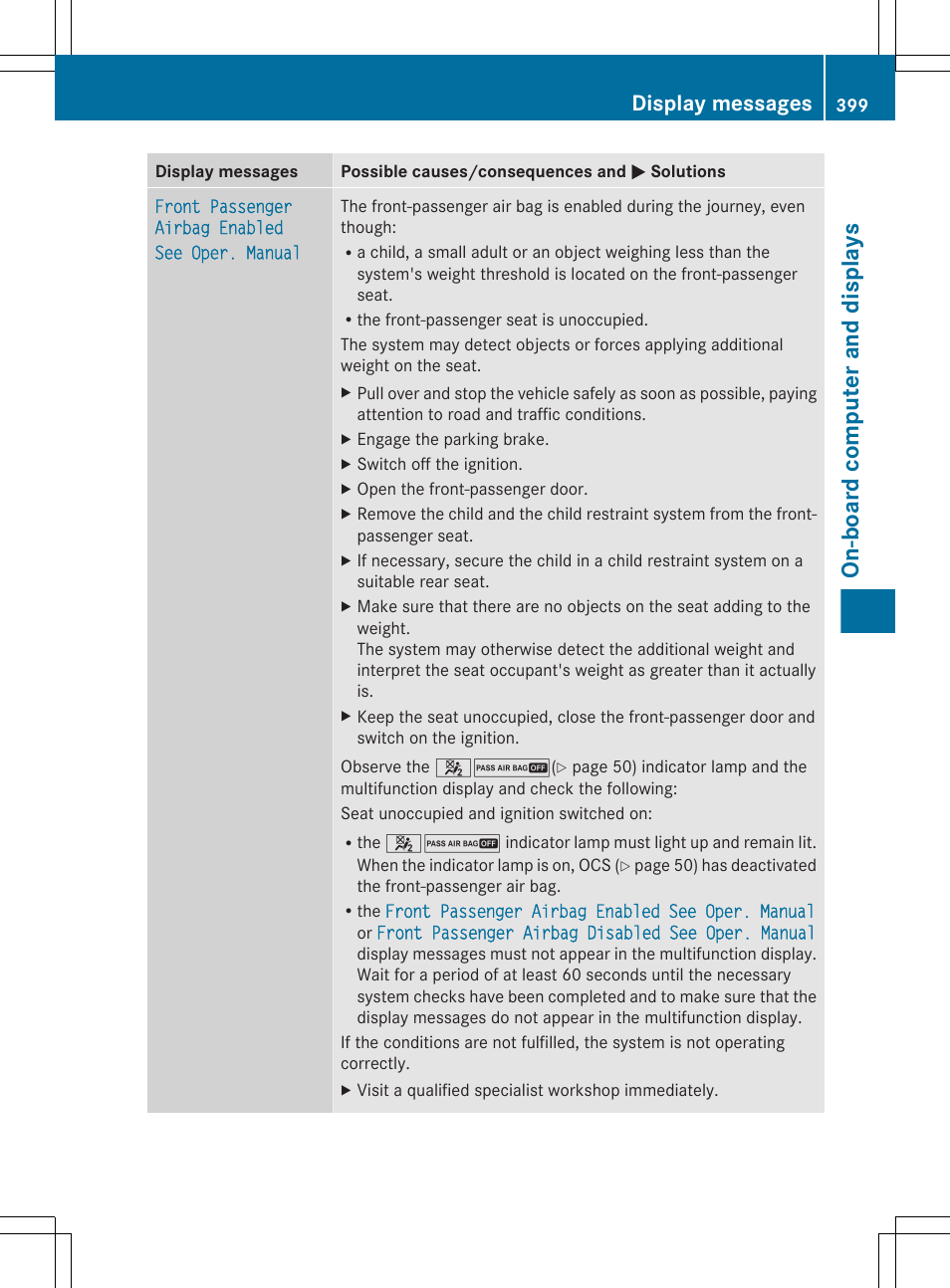 Display, On-board computer and displays, Display messages | Mercedes-Benz S-Class 2012 User Manual | Page 401 / 536