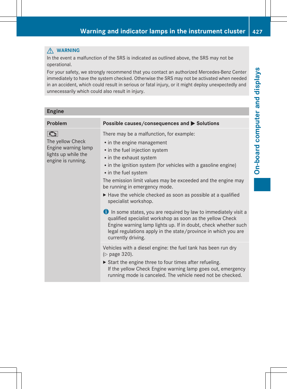 Engine, On-board computer and displays | Mercedes-Benz S-Class 2012 User Manual | Page 429 / 536