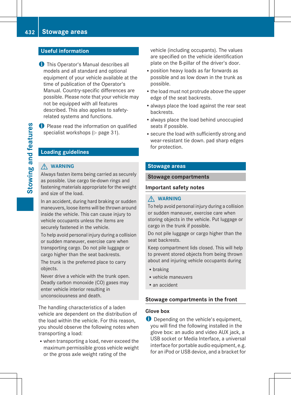 Stowing and features, Useful information, Loading guidelines | Stowage areas, Stowage compartments | Mercedes-Benz S-Class 2012 User Manual | Page 434 / 536