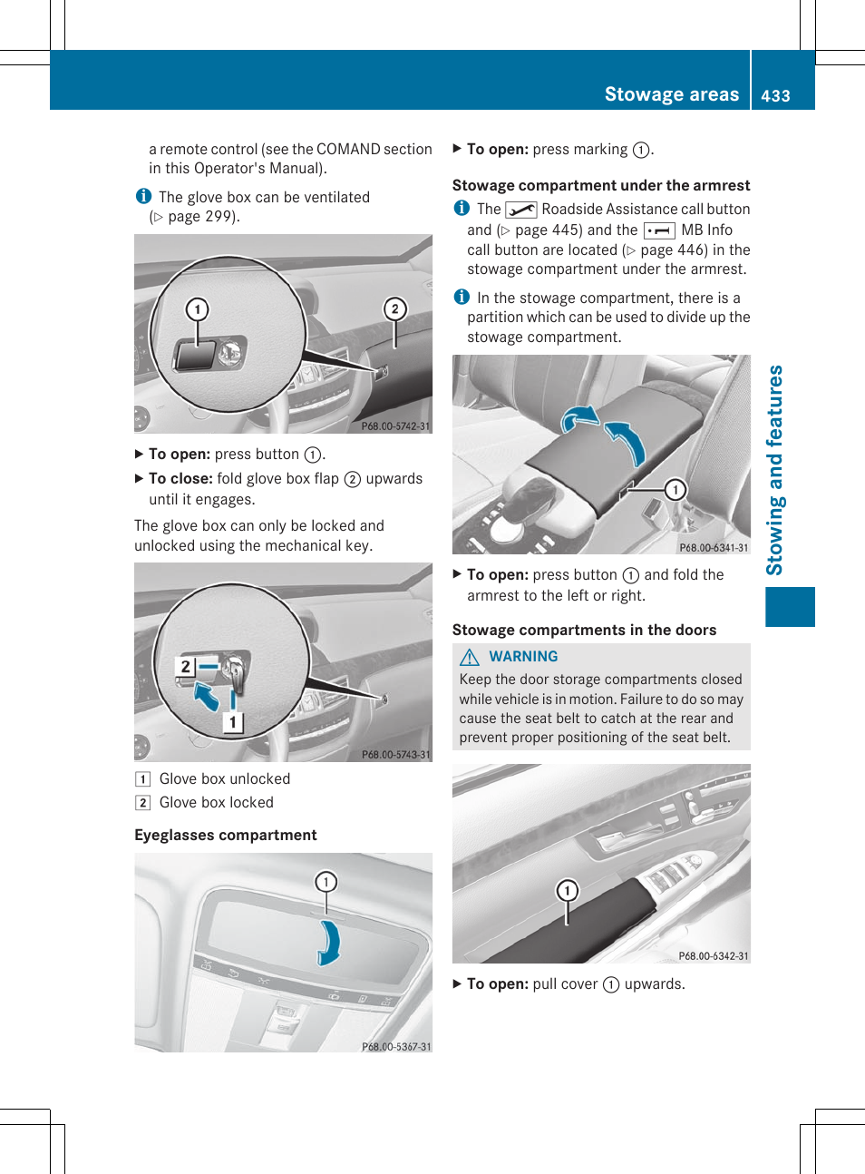 Stowing and features, Stowage areas | Mercedes-Benz S-Class 2012 User Manual | Page 435 / 536