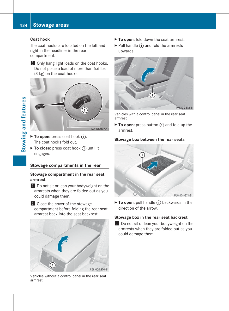 Stowing and features, Stowage areas | Mercedes-Benz S-Class 2012 User Manual | Page 436 / 536