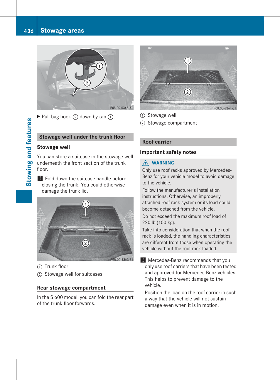 Stowage well under the trunk floor, Roof carrier, Lift up the trunk floor | Stowing and features, Stowage areas | Mercedes-Benz S-Class 2012 User Manual | Page 438 / 536