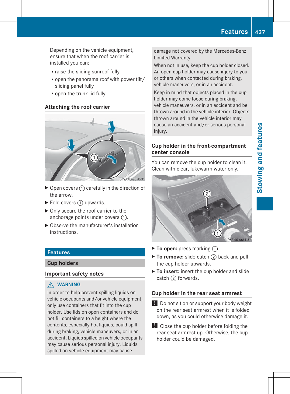 Features, Cup holders, Stowing and features | Mercedes-Benz S-Class 2012 User Manual | Page 439 / 536