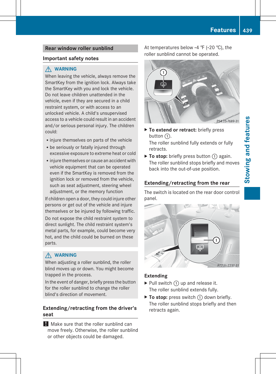 Rear window roller sunblind, Stowing and features, Features | Mercedes-Benz S-Class 2012 User Manual | Page 441 / 536