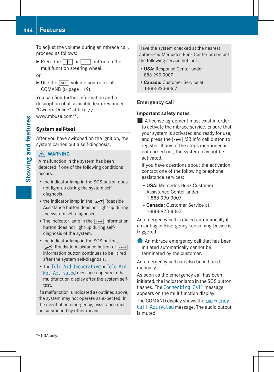 Stowing and features, Features | Mercedes-Benz S-Class 2012 User Manual | Page 446 / 536