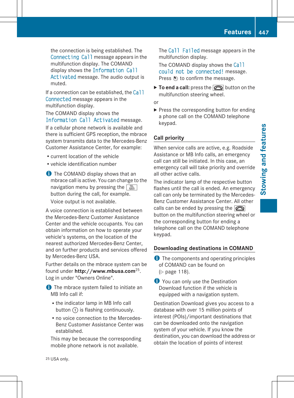 Stowing and features, Features | Mercedes-Benz S-Class 2012 User Manual | Page 449 / 536
