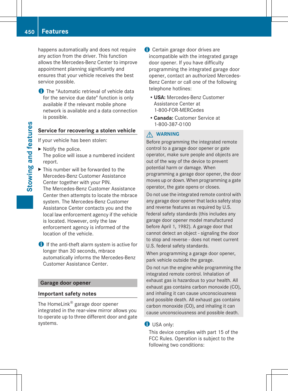 Garage door opener, Stowing and features, Features | Mercedes-Benz S-Class 2012 User Manual | Page 452 / 536