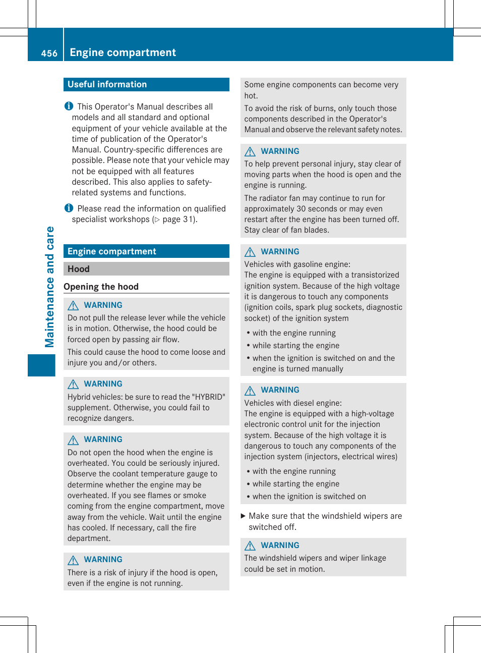 Maintenance and care, Useful information, Engine compartment | Hood | Mercedes-Benz S-Class 2012 User Manual | Page 458 / 536