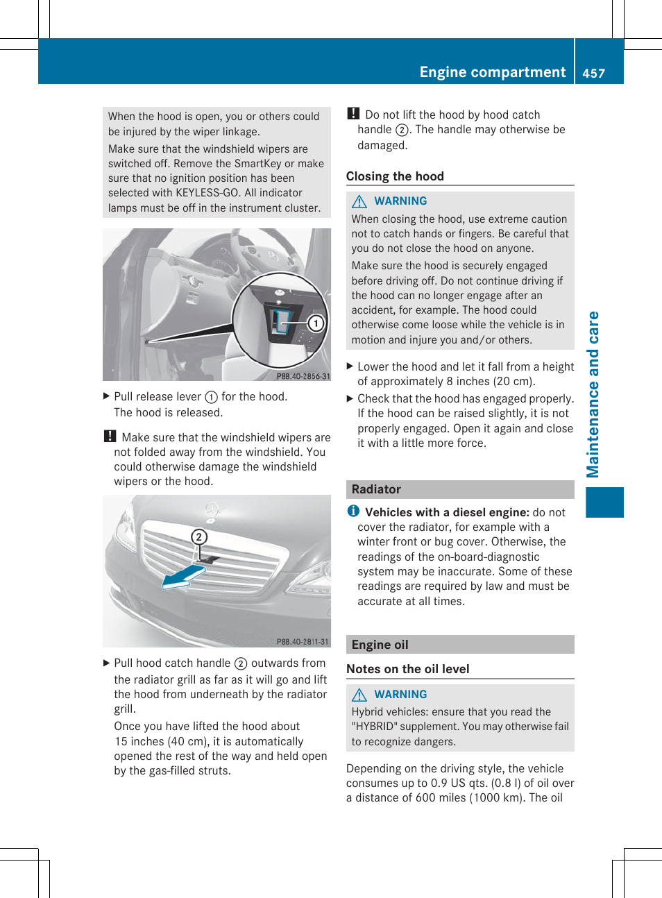 Radiator, Engine oil, Oil level check | Check the oil level, Maintenance and care, Engine compartment | Mercedes-Benz S-Class 2012 User Manual | Page 459 / 536